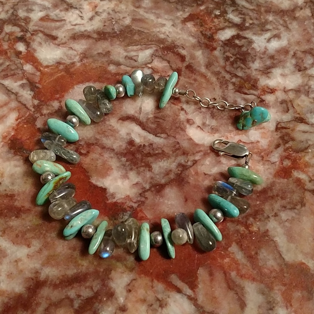 SS Natural Labradorite Turquoise Bead Bracelet